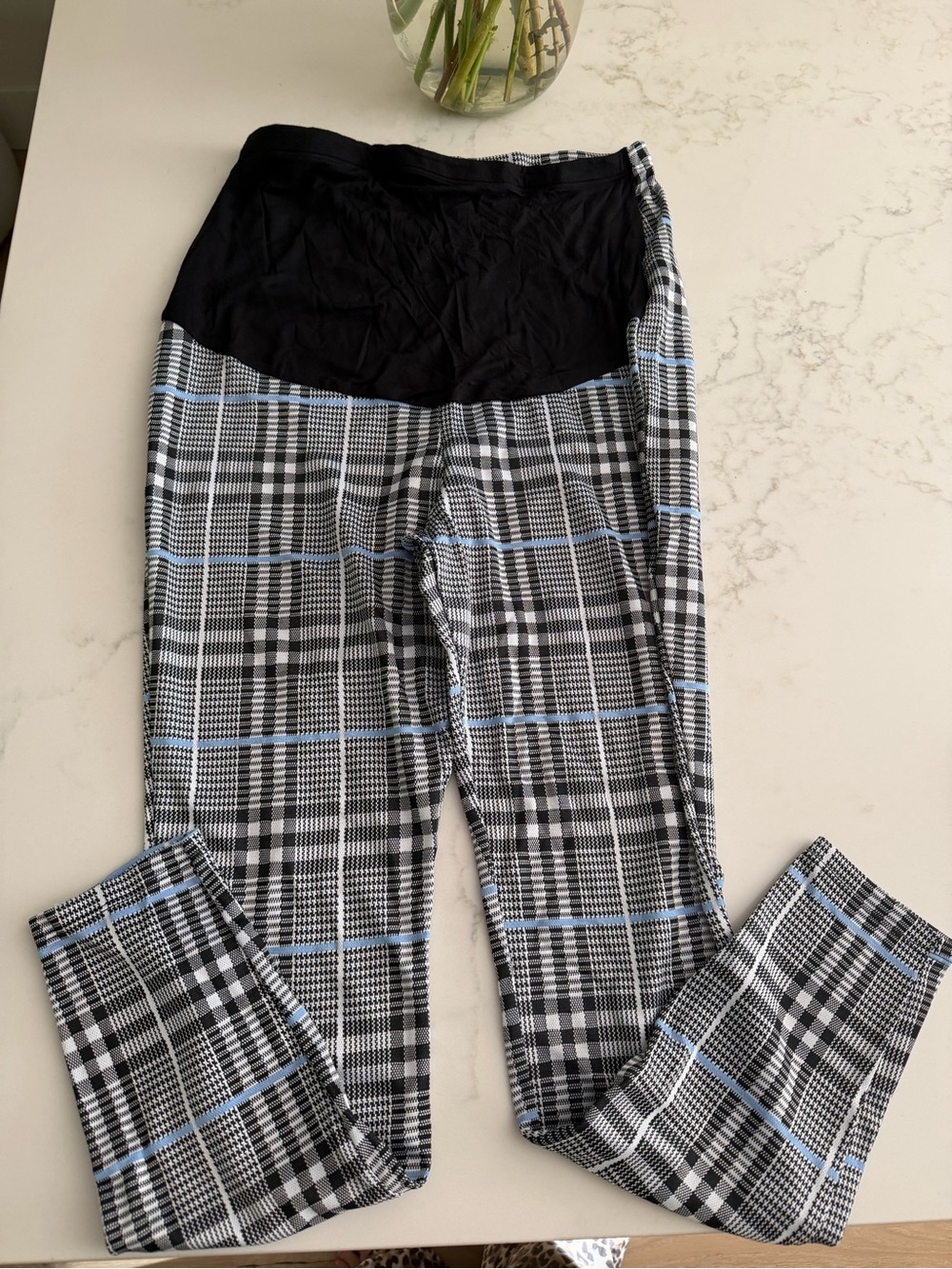 ASOS Black Waistband Plaid Leggings with Light Blue Stripe